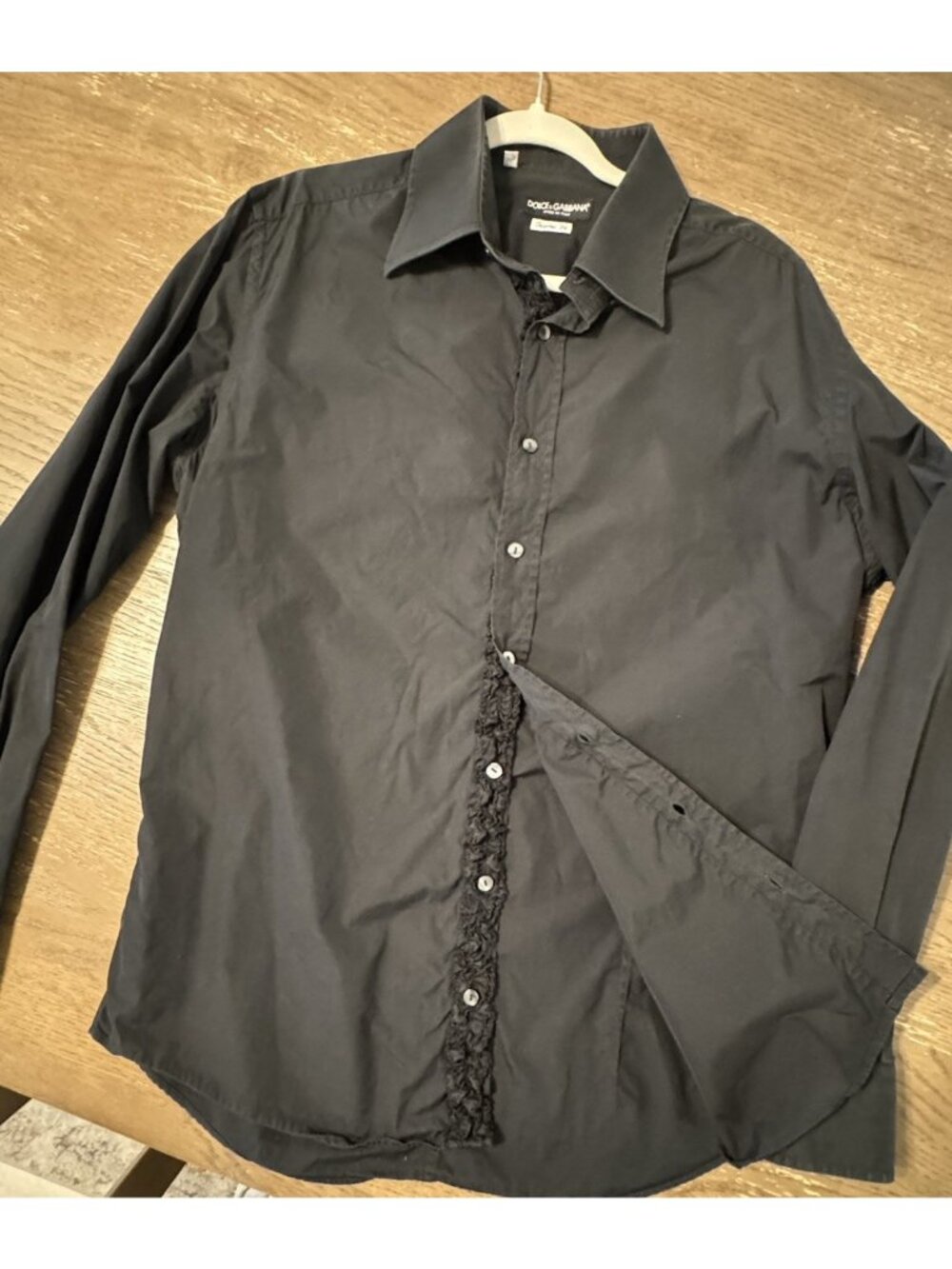 Dolce Gabbana Tailored Fit Black Button Down Shirt Italy Ruffle Placket 17/43